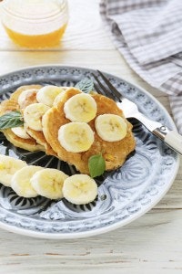 banana pancakes on the plate, food closeup